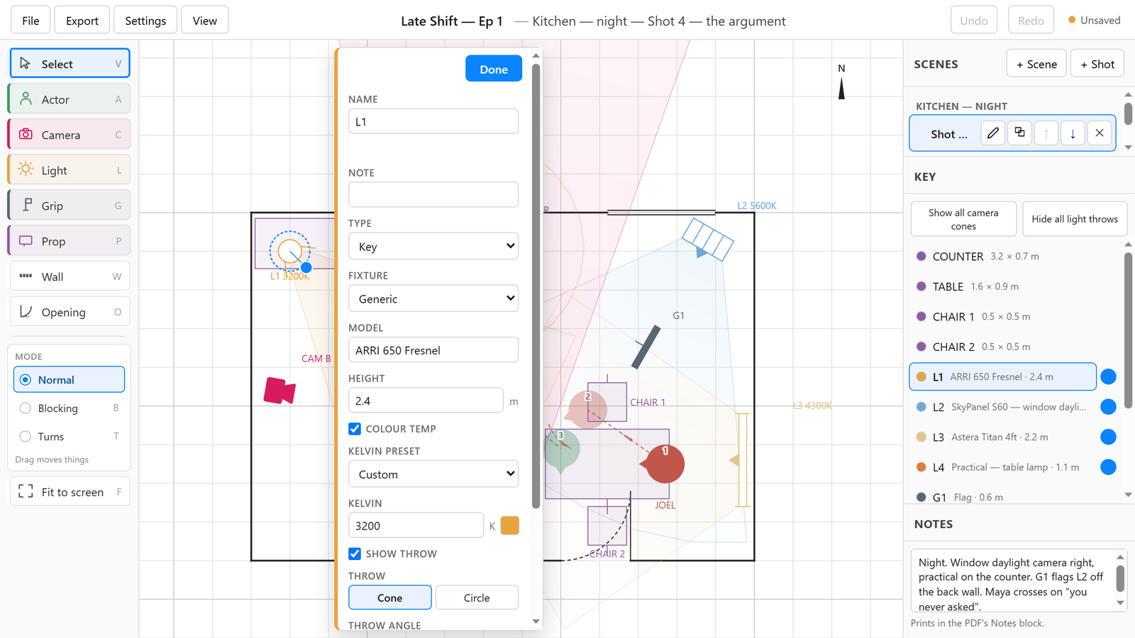 The ShotPlots properties panel open on a light, showing fields for name, note, type, fixture, model, height, a colour-temperature toggle with a Kelvin preset and value, a show-throw toggle, and throw shape and angle controls.